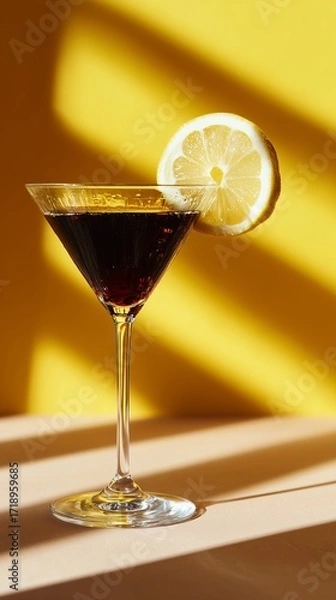 Fototapeta Elegant cocktail glass with a dark drink and a lemon slice, set against a bold yellow backdrop with dramatic lighting.