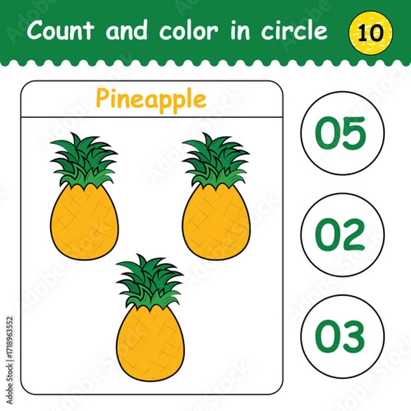 Fototapeta How many pineapple are there. educational math game for kids. count the number of pineapple and colour the answer. learning mathematics numbers