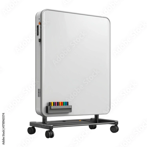 Fototapeta Modern white dry erase board on a rolling stand with colorful markers isolated on transparent background