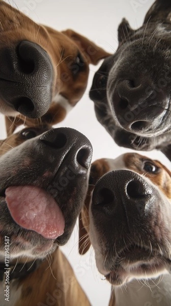 Fototapeta Curious group of dogs, noses pressed to the camera, creating a fun and engaging perspective. Perfect for playful pet themes.