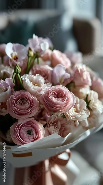 Obraz A stunning bouquet of pink roses and orchids is beautifully illuminated by gentle, natural light, creating an elegant atmosphere.