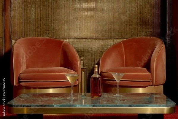Fototapeta Luxurious lounge setting featuring velvet armchairs and cocktails on a marble table, creating an atmosphere of sophistication and relaxation.