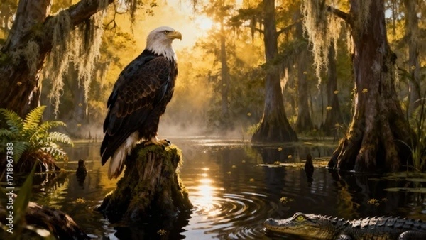 Fototapeta Eagle Resting Among Cypress Trees Draped With Spanish Moss