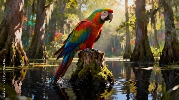 Fototapeta Beautiful Parrot Resting on Tree Stump at Dawn
