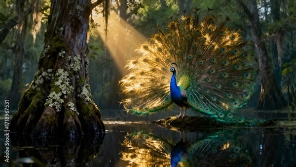 Fototapeta Colorful Peacock Displaying Feathers in a Tranquil Wetland Dawn