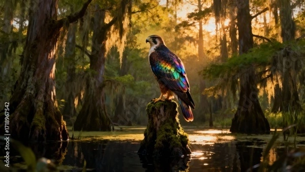 Fototapeta Beautiful Hawk in a Serene Swamp Landscape at Dawn
