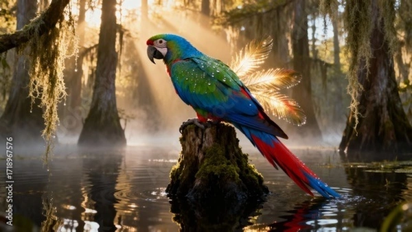Fototapeta Scarlet Macaw Surrounded by Cypress Trees and Moss at Sunrise