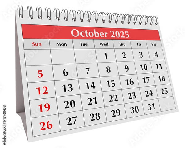 Fototapeta October 2025 calendar. Page of annual business desk month autumn calendar isolated on transparent