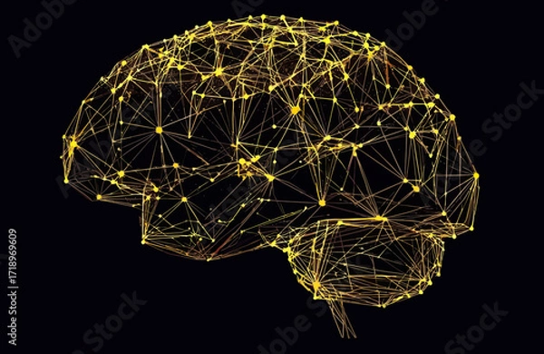 Fototapeta Abstract digital wireframe brain with glowing golden nodes and connecting polygonal lines on black background representing neural network and connectivity concept