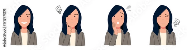 Obraz Set of woman character with different facial expressions: happy, thinking, stressed, worried, in pain. Perfect for concepts of emotions, psychology, health, avatar, and stickers.