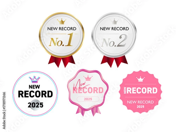 Obraz リボン付き受賞メダルのイラストセット | 金銀・マゼンタ・ピンク