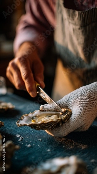 Fototapeta Close-up of a person using a knife to shuck an oyster, wearing a protective glove, capturing culinary precision.