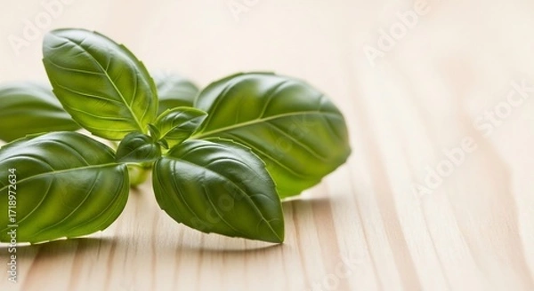 Fototapeta Fresh Basil Leaves on Wooden Surface, Vibrant Green, Close-up, Natural Light.