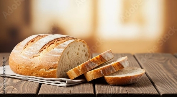 Fototapeta Freshly Baked Artisan Bread Loaf with Sliced Pieces on Rustic Wooden Table
