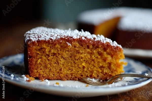 Fototapeta Close-up of a delicious slice of pumpkin cake, topped with a light dusting of powdered sugar, showcasing its moist texture.