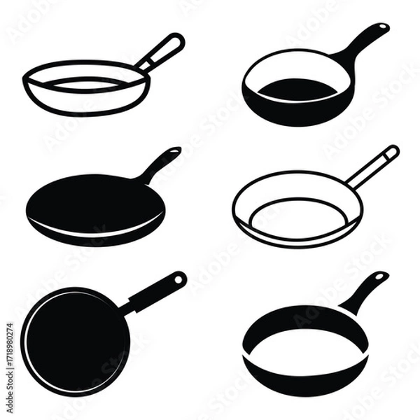 Fototapeta Collection of frying pan icons, pan silhouettes, different teflon symbols