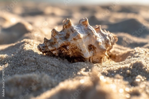 Fototapeta A detailed photo of a seashell resting on a sandy beach, capturing natural sunlight and textures for beach-themed designs.