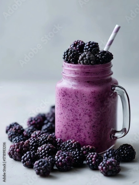 Obraz Vibrant blackberry smoothie in a mason jar, topped with fresh berries and a straw, set against a simple background.