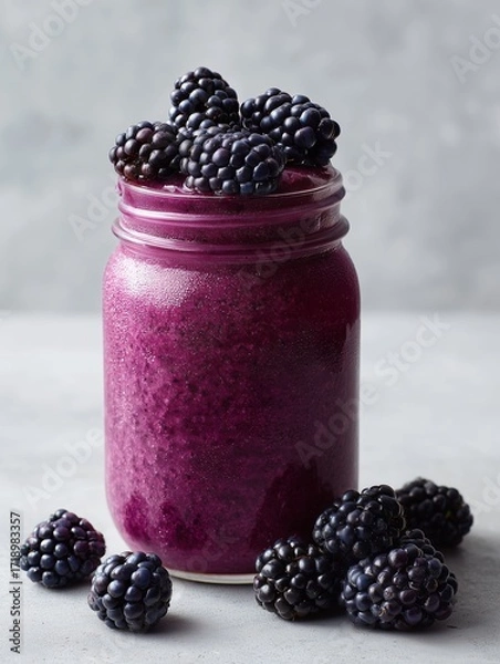 Fototapeta Vibrant blackberry smoothie in a mason jar garnished with fresh blackberries, ideal for health and wellness visuals.