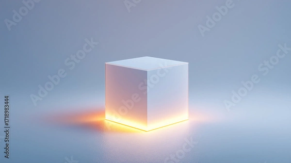 Fototapeta Futuristic white cube glowing with warm light on textured surface, set against a cool gradient background. Ideal for tech, design, and conceptual advertising visuals.