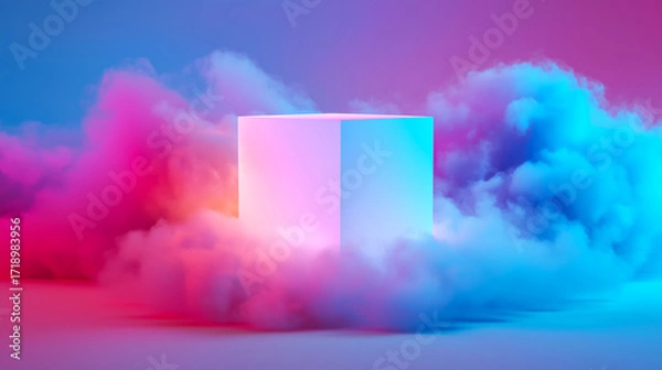 Fototapeta Futuristic glowing cube surrounded by colorful clouds in pink, purple, and blue hues. Surreal lighting and vibrant atmosphere are ideal for tech, sci-fi, or creative design projects.