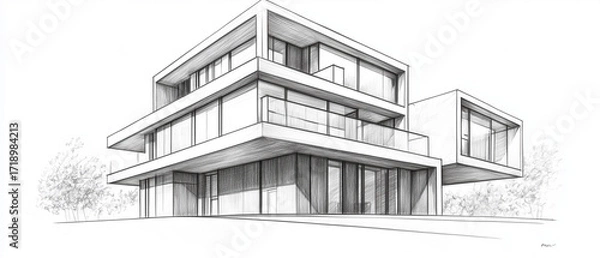 Obraz Hyper-detailed pencil sketch in grayscale of a contemporary three-story house