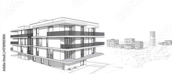 Obraz Minimalist black and white isometric drawing of a two-story modern apartment building with geometric structure