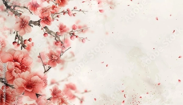 Obraz Delicate pink blossoms and falling petals on a branch against a soft, light background; a dreamy, painterly style