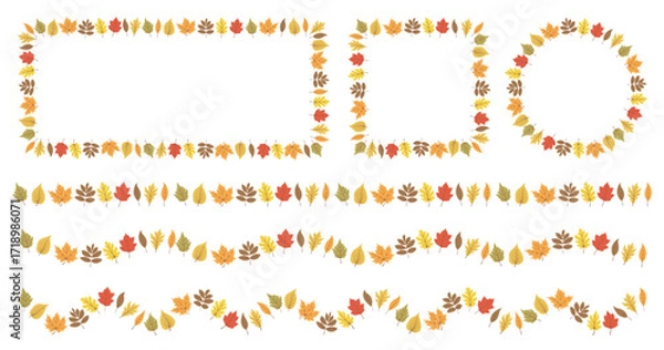 Fototapeta Autumn decorative frames and borders collection. Circle, square and rectangle fall leaves frame.
