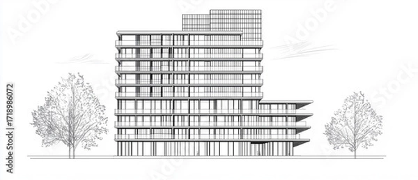Obraz Minimalist black and white line art of a modern skyscraper with multiple levels and balconies