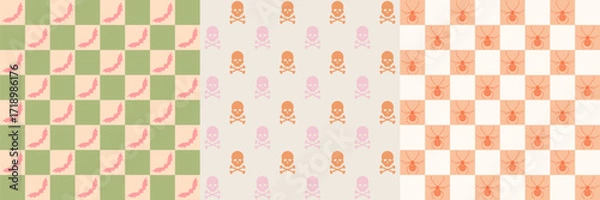 Fototapeta Halloween geometric pattern set. Retro style art collection with colorful checkered background and spiders, bats, moths, skull and bones