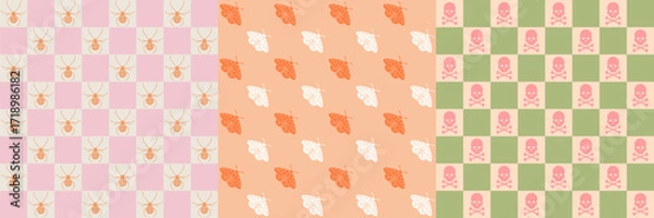 Fototapeta Halloween geometric pattern set. Retro style art collection with colorful checkered background and spiders, bats, moths, skull and bones