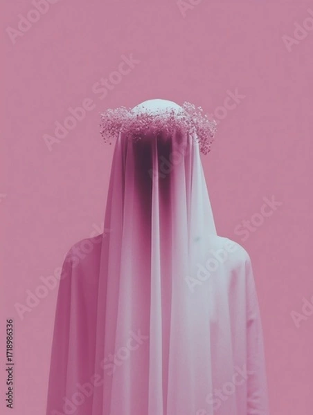 Fototapeta A mysterious figure shrouded in a pink veil topped with a delicate floral crown, set against a matching pink backdrop.