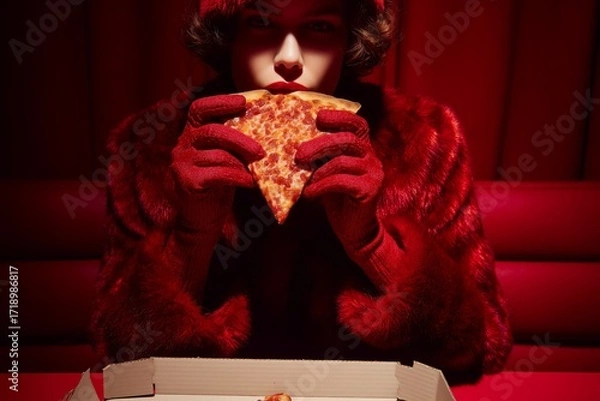 Fototapeta A stylish woman in red fur and gloves holding a slice of pizza, creating a vibrant and luxurious ambiance.