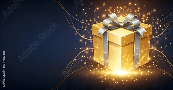 Fototapeta A Shimmering Gold Gift Box adorned with Sparkles and a beautiful Ribbon for any occasion