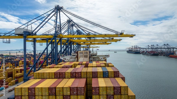Fototapeta Aerial view container cargo ship international port terminal with gantry crane, industrial cargo container port loading and unloading, Global business logistic import export frewight shipping.