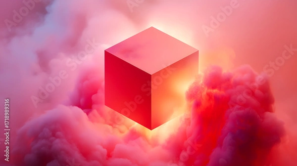 Fototapeta Surreal red cube floating in colorful mist, glowing with internal light. Dreamlike atmosphere ideal for tech, sci-fi, or abstract concept visuals.