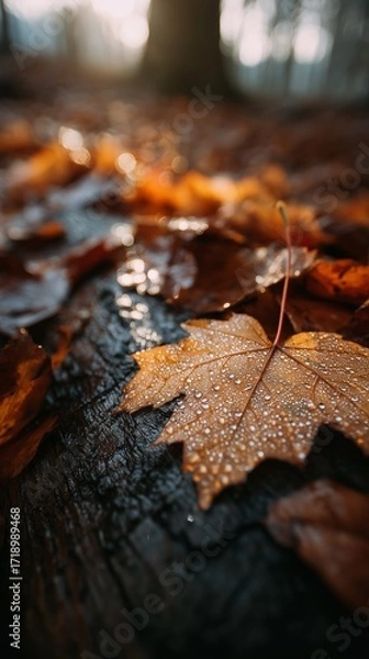 Obraz Close-up of a dew-covered maple leaf resting on a dark, textured forest floor during a serene autumn morning.