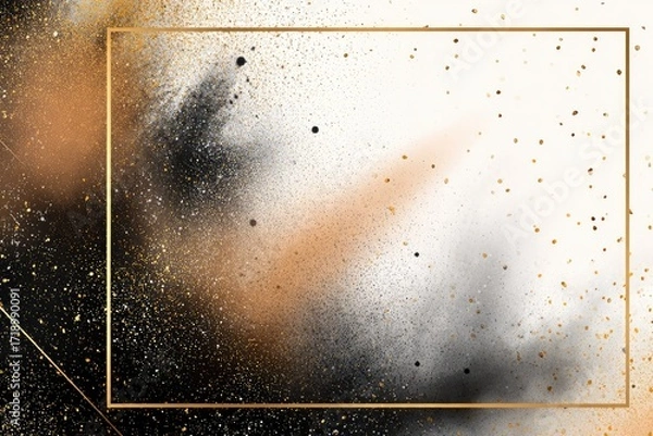 Obraz Abstract art with gold frame,  splashes of black, gold, and peach