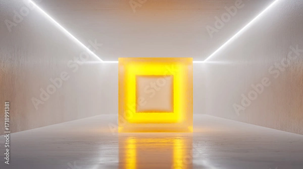 Fototapeta Futuristic white room with glowing yellow square light in translucent cube. Symmetrical design, LED edge lighting, ideal for tech, architecture, or commercial ad concepts.
