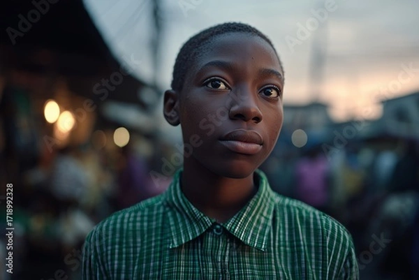 Fototapeta Portrait of a young individual standing in a bustling street market with warm lighting, creating a vivid scene.
