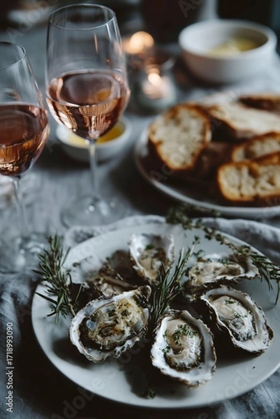Obraz A sophisticated dining setup featuring oysters, rosemary garnish, and wine glasses, creating an atmosphere of fine dining elegance.