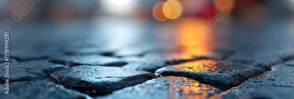 Fototapeta Wet cobblestone streets reflecting warm city lights at dusk, creating a captivating urban atmosphere filled with tranquility and a cozy mood, inviting contemplation and serenity