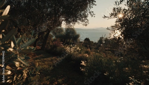 Fototapeta Serene garden with lush greenery and flowers, bathed in golden sunset light, overlooking a calm, shimmering sea.