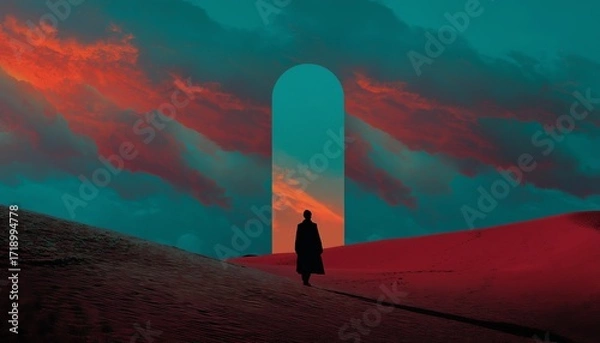 Obraz A lone figure walks in a surreal desert landscape, framed by vibrant, colorful skies and an abstract portal.