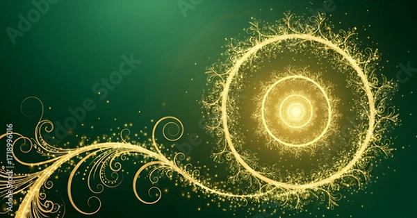 Fototapeta Beautiful Golden Spiral Design Featuring Floral Elements Set Against a Green Background