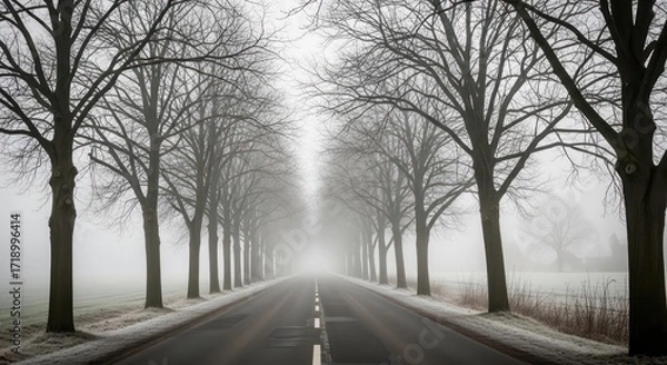 Fototapeta Misty Road Lined with Bare Trees Disappearing into the Foggy Distance