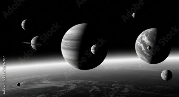 Fototapeta Monochromatic Celestial Dance: Planets and Moons in Orbit