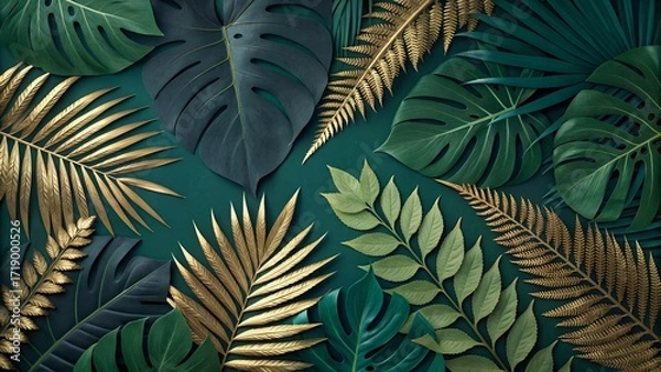 Fototapeta Creative nature background. Gold and green tropical palm leaves. Minimal summer abstract jungle or forest pattern. White paper frame copy space.
