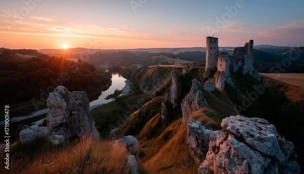 Fototapeta Ancient castle ruins atop cliffs, overlooking a serene river valley at sunset, creating a tranquil and picturesque landscape.